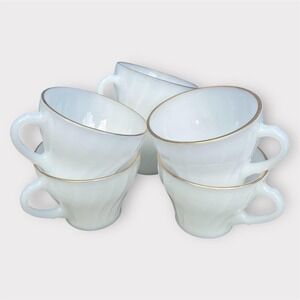 6 Vintage White Milk Glass Swirl Mugs Gold Rim Anchor Hocking Fire King 1960s
